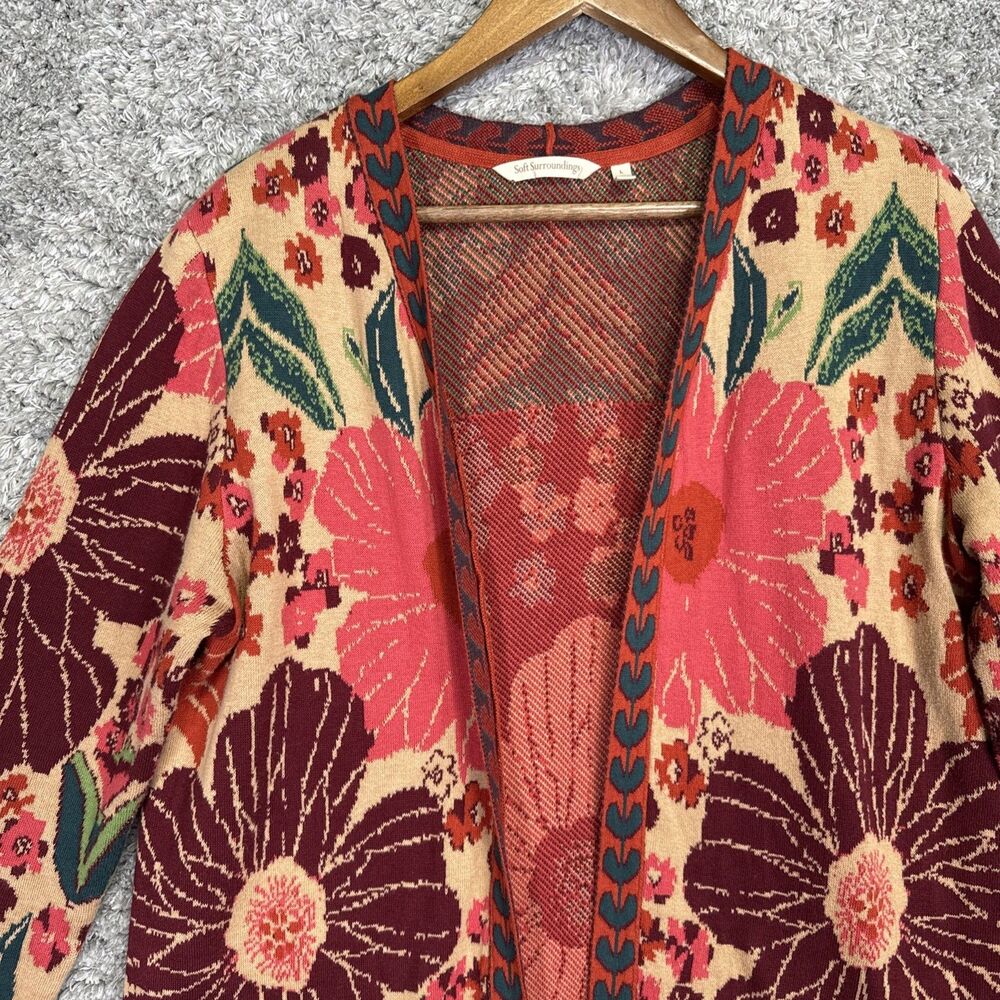 Soft Surroundings Floral Knit Long Line Cardigan Sweater Large Colorful Boho - Picture 4 of 15
